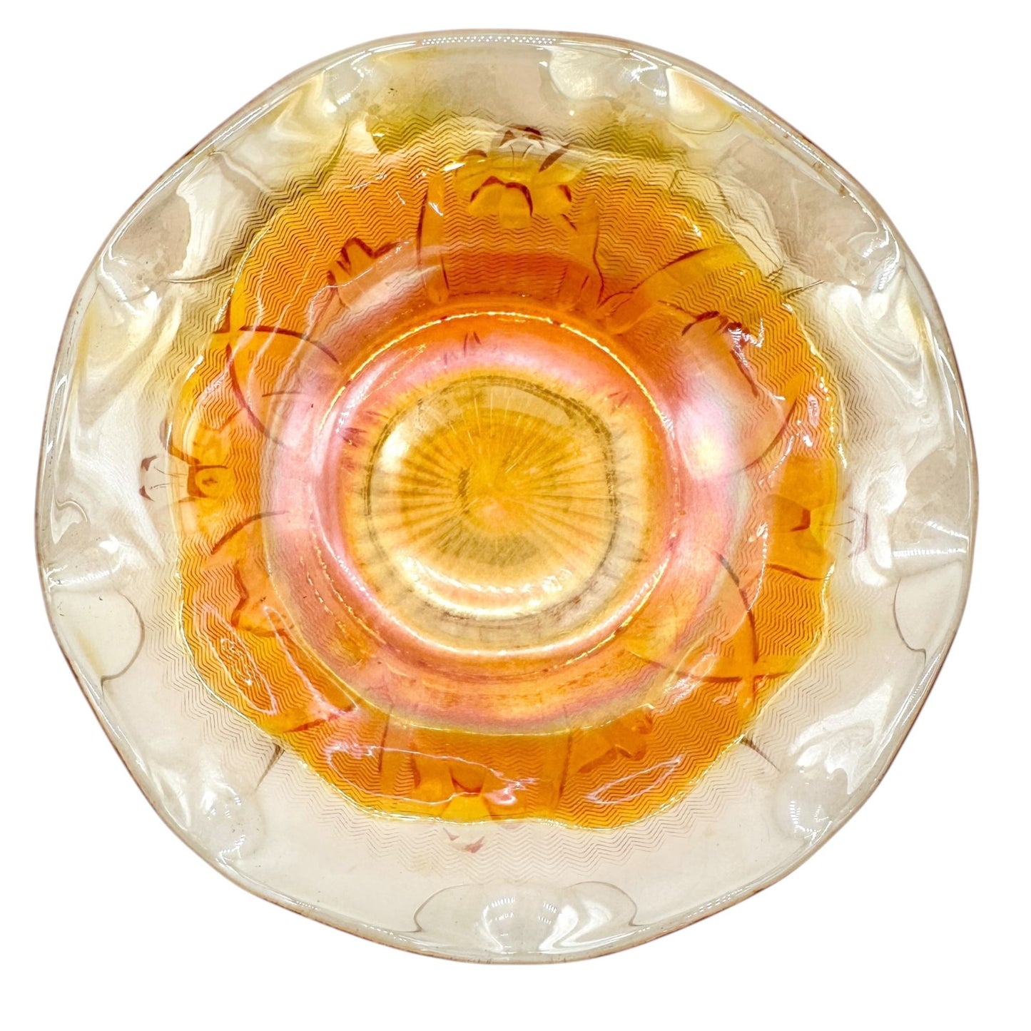 Jeannette Iris & Herringbone Marigold Bowl 5.5 inch Carnival Glass Wavy Edge
