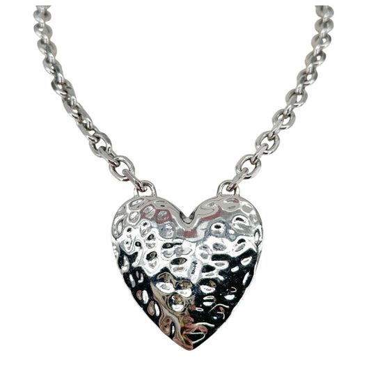 Hammered Silver Heart Pendant Necklace Chunky Chain Adj Lobster Clasp Closure