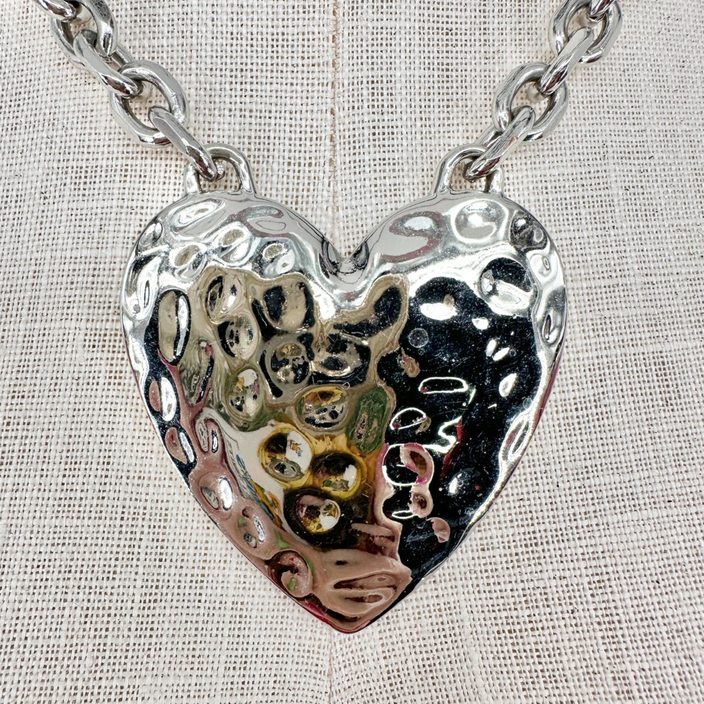 Hammered Silver Heart Pendant Necklace Chunky Chain Adj Lobster Clasp Closure