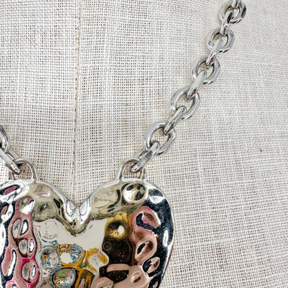 Hammered Silver Heart Pendant Necklace Chunky Chain Adj Lobster Clasp Closure