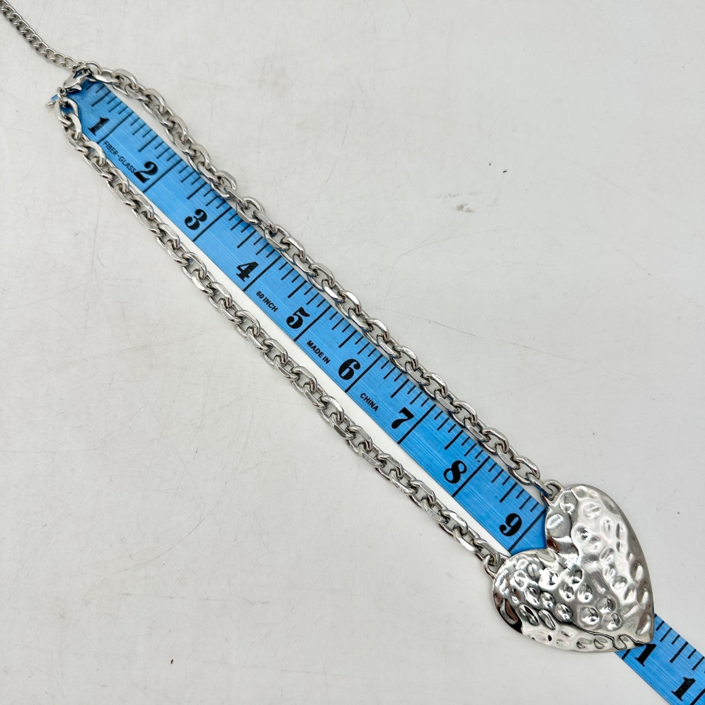 Hammered Silver Heart Pendant Necklace Chunky Chain Adj Lobster Clasp Closure
