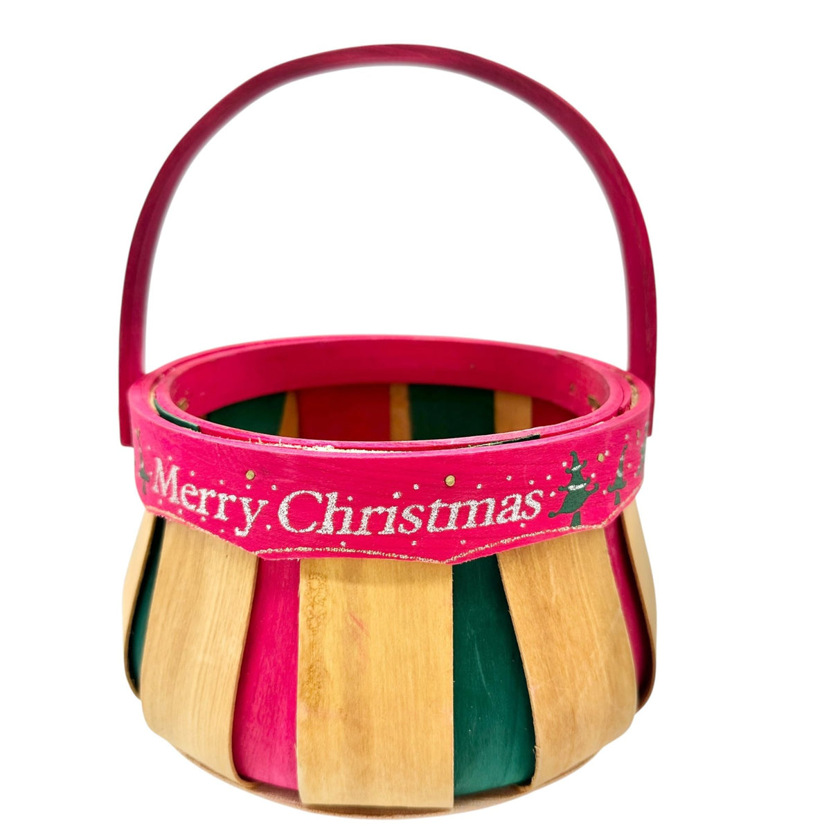 Merry Christmas Wooden Holiday Basket With Handle Red Green Natural Wood 7" Dia