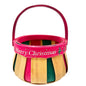 Merry Christmas Wooden Holiday Basket With Handle Red Green Natural Wood 7" Dia