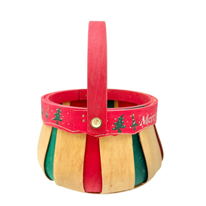 Merry Christmas Wooden Holiday Basket With Handle Red Green Natural Wood 7" Dia