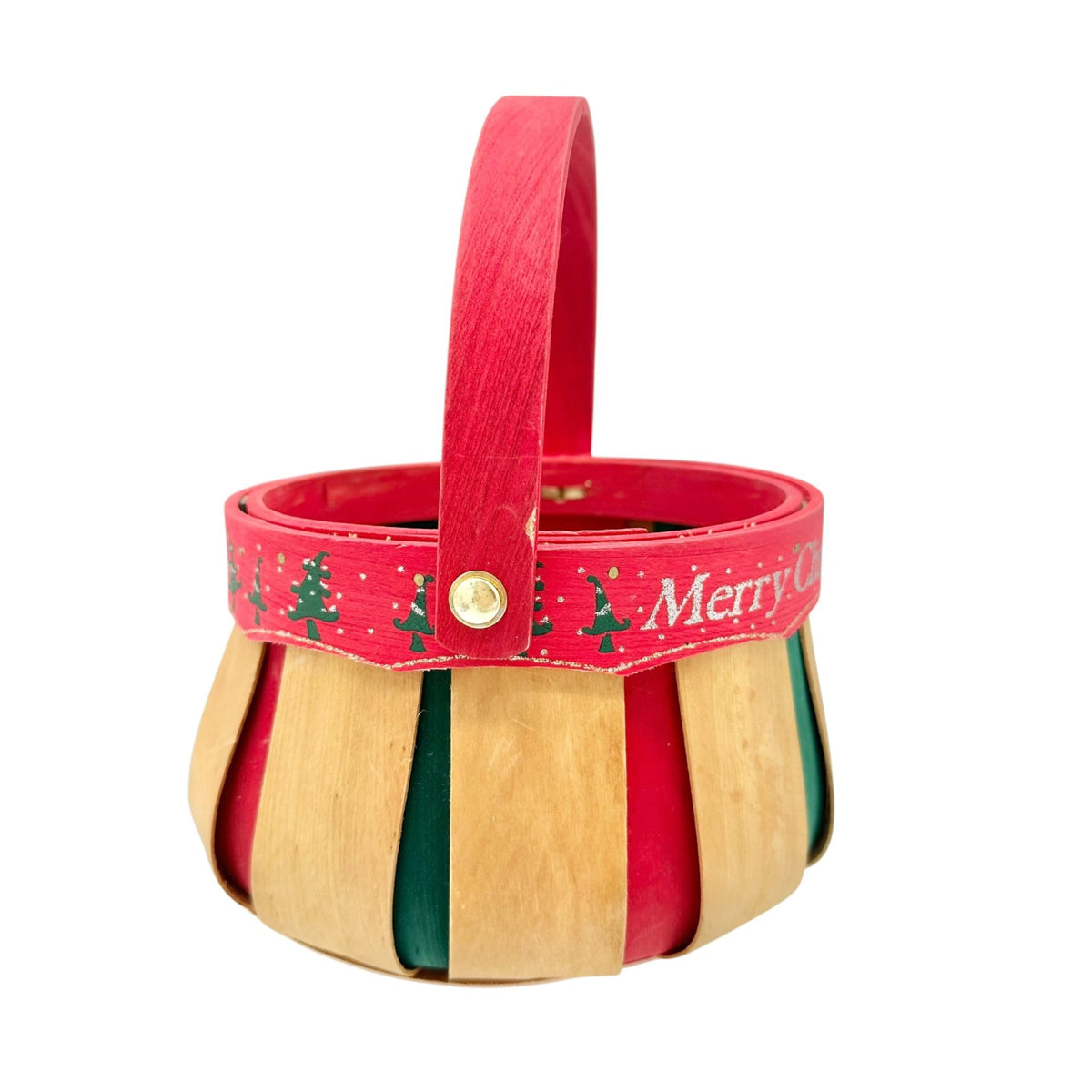 Merry Christmas Wooden Holiday Basket With Handle Red Green Natural Wood 7" Dia