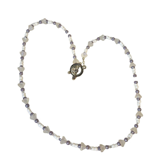 Handmade Necklace White Lavender Beads And Floral Accents 18 Inches Toggle Clasp