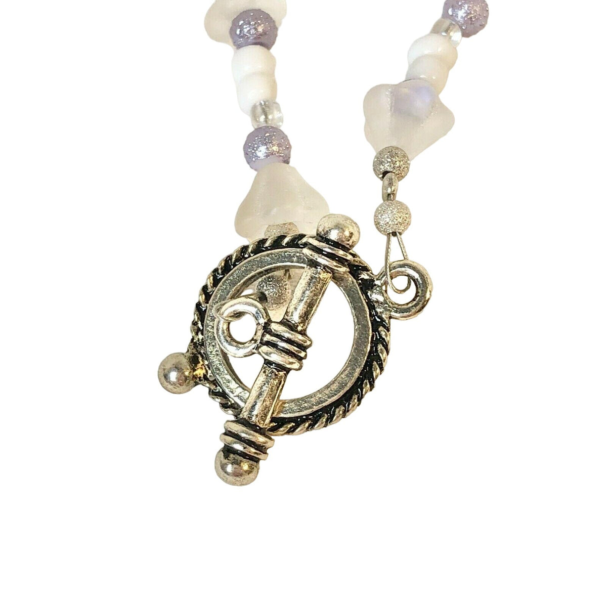 Handmade Necklace White Lavender Beads And Floral Accents 18 Inches Toggle Clasp