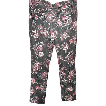Bandolino Denim Pants Womens 12 Black Floral Print Cotton Blend Slim Fit Stretch