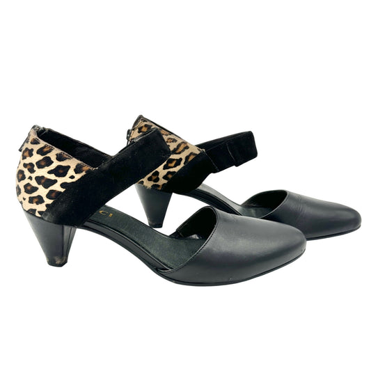 Sesto Meucci Heels Womens 8.5N Black Leather Leopard Print Pony Hair Cross Strap