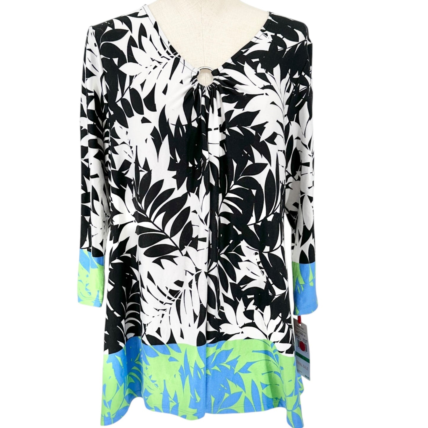 Ruby Rd Ring Accent Tunic Top Womens L Black White Green Teal 3/4 Sleeves V Neck