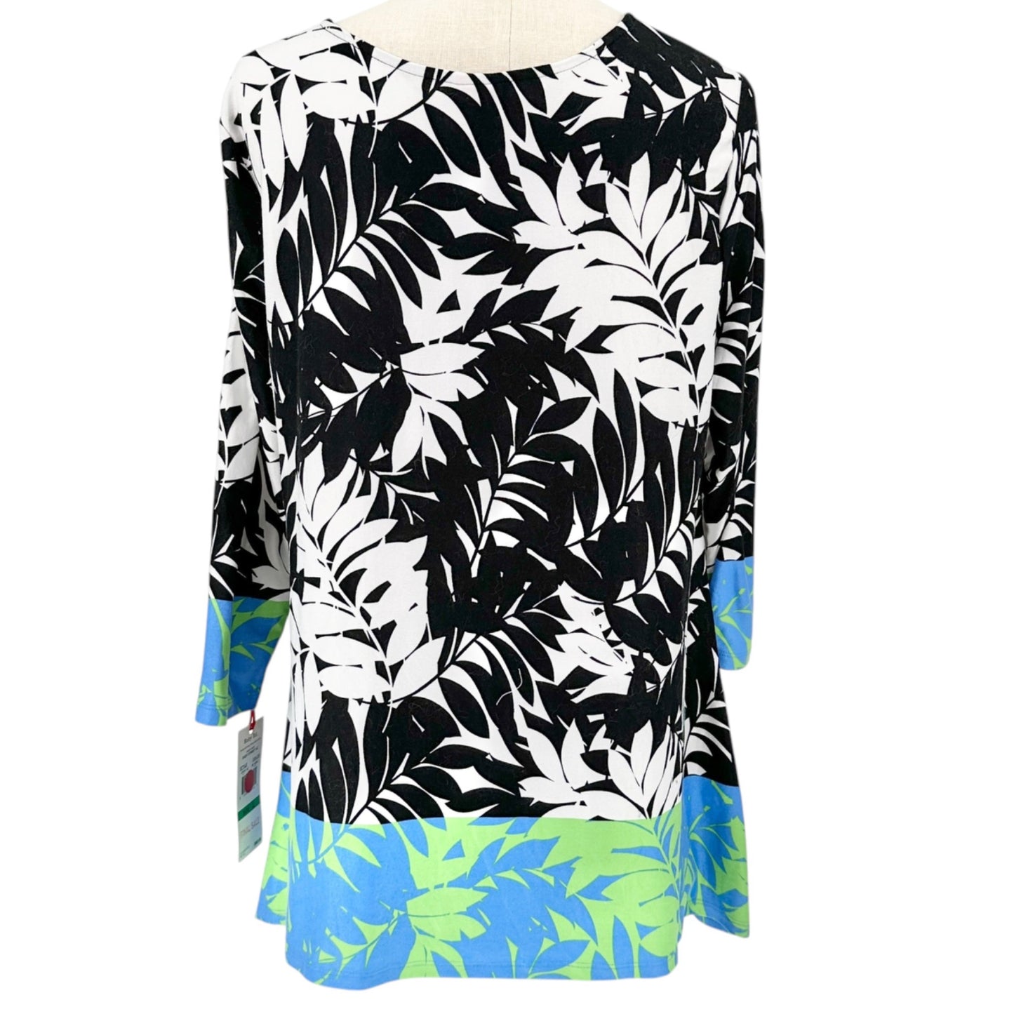 Ruby Rd Ring Accent Tunic Top Womens L Black White Green Teal 3/4 Sleeves V Neck