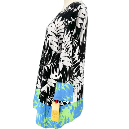 Ruby Rd Ring Accent Tunic Top Womens L Black White Green Teal 3/4 Sleeves V Neck