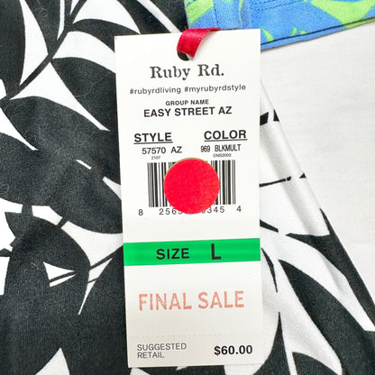 Ruby Rd Ring Accent Tunic Top Womens L Black White Green Teal 3/4 Sleeves V Neck
