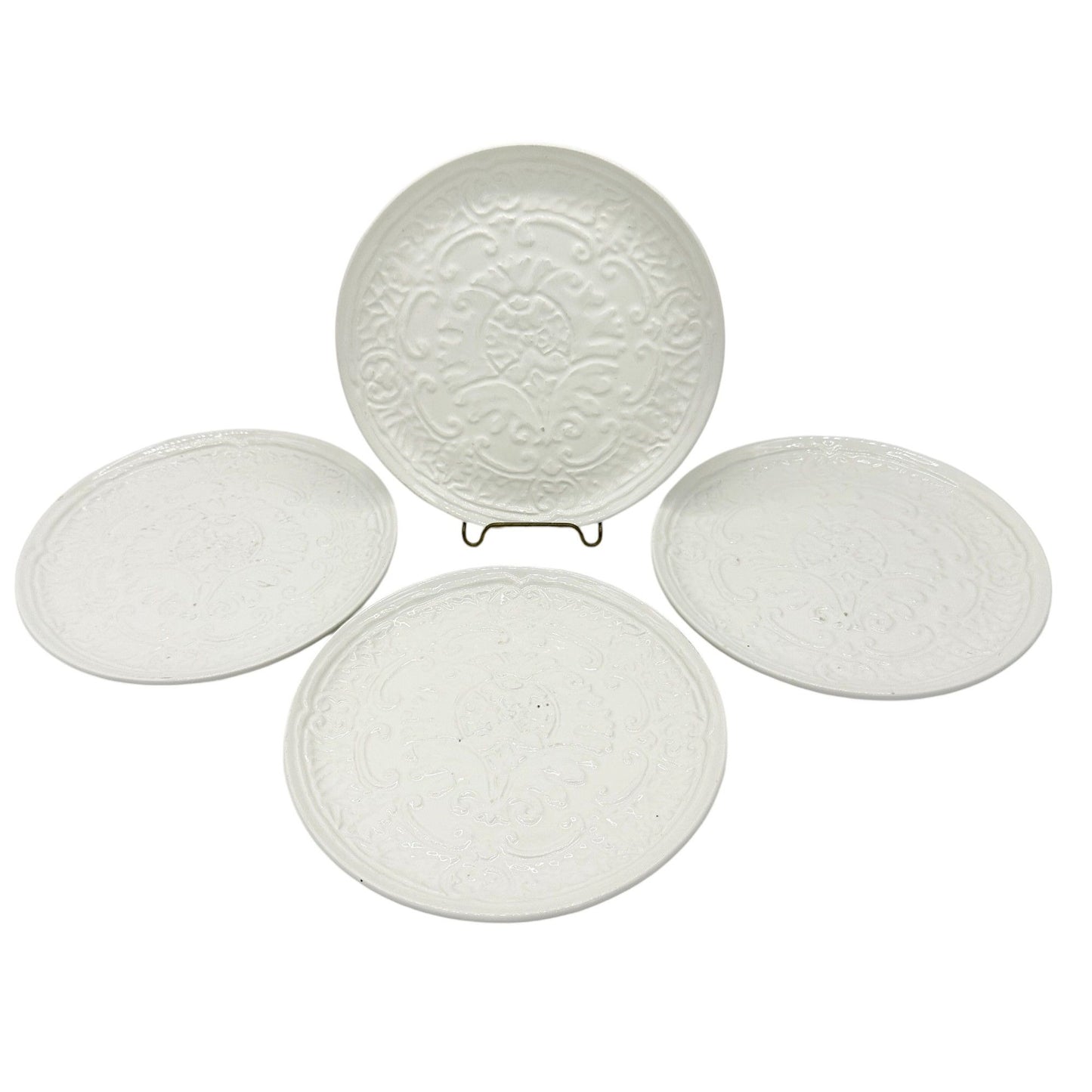 Italian Made Ceramic Plates 7.5 inch Diameter White Embossed Set Of 4