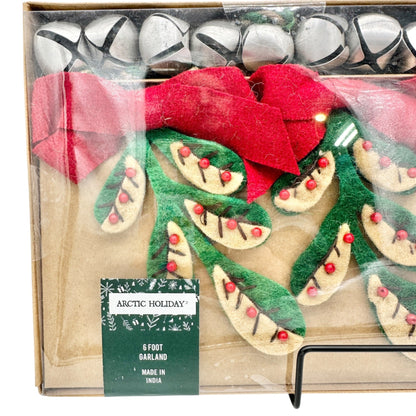 Arctic Holiday 6 Foot Felt Garland With Bells and Red Felt Bow Accents NEW
