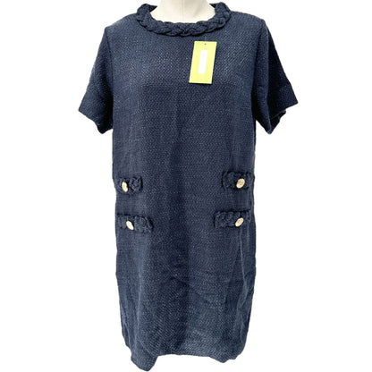 New Collection Dress Womens XL Navy Blue Braided Collar SS Textured Shift Dress