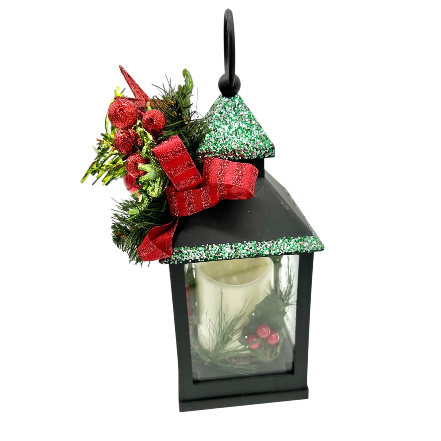Christmas Lantern With LED Candle Black Plastic Festive Accents Battery WORKS