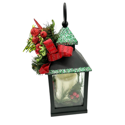 Christmas Lantern With LED Candle Black Plastic Festive Accents Battery WORKS