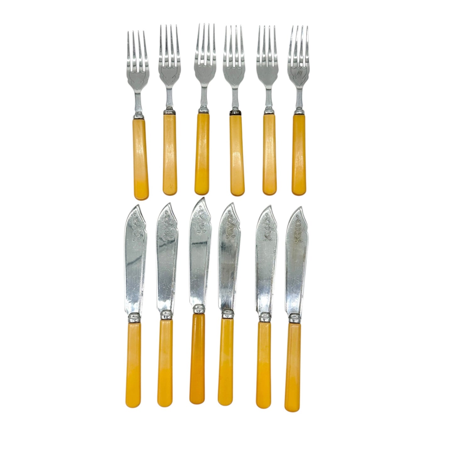 Vtg British Made Stainless Chrome Cutlery Set Yellow Handles 6 Knives 6 Forks