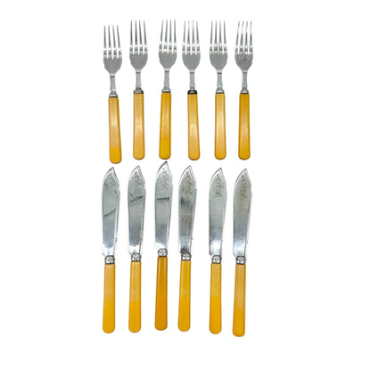 Vtg British Made Stainless Chrome Cutlery Set Yellow Handles 6 Knives 6 Forks