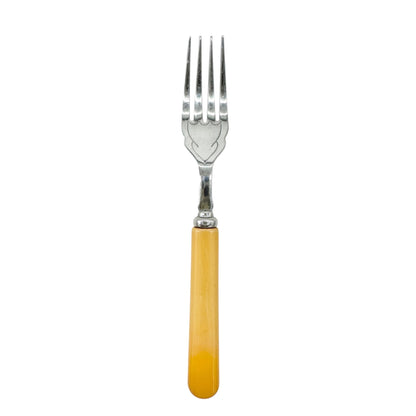 Vtg British Made Stainless Chrome Cutlery Set Yellow Handles 6 Knives 6 Forks