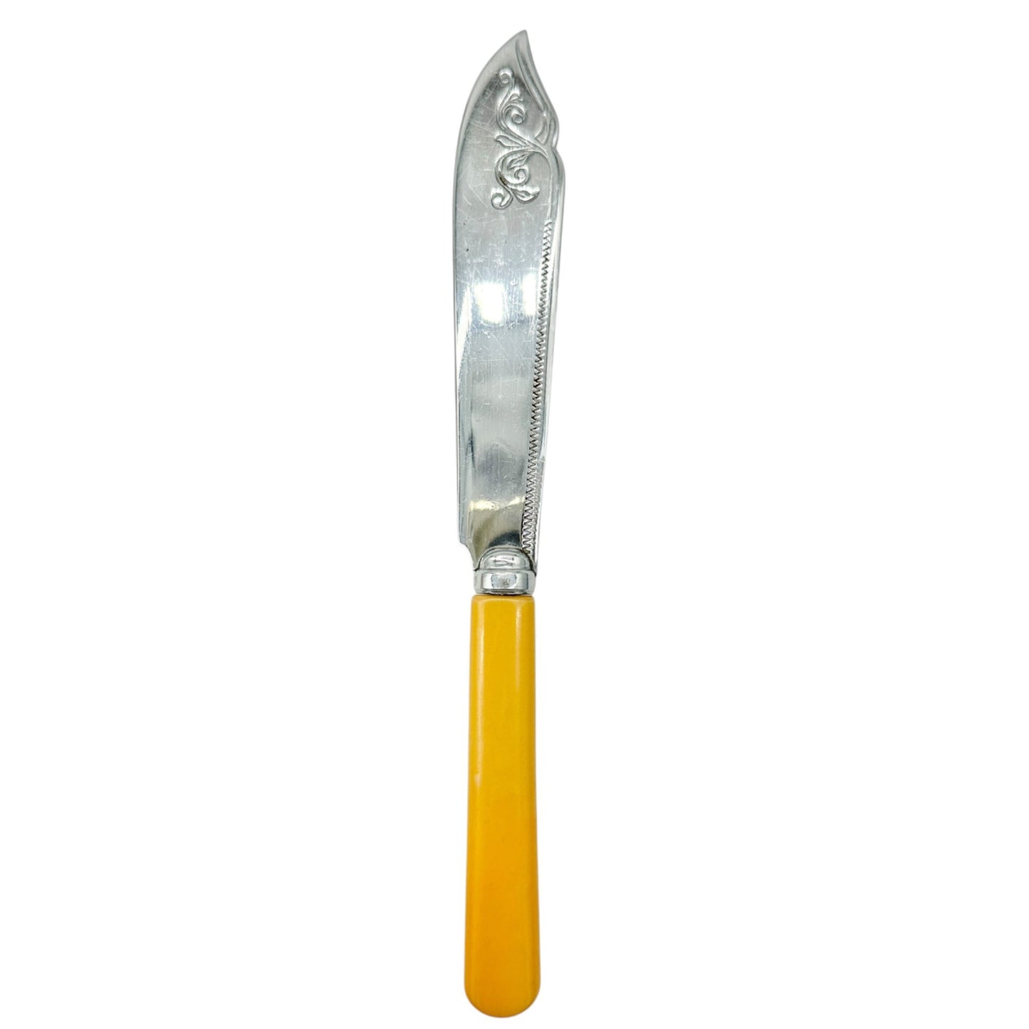 Vtg British Made Stainless Chrome Cutlery Set Yellow Handles 6 Knives 6 Forks