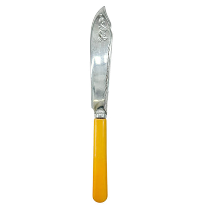 Vtg British Made Stainless Chrome Cutlery Set Yellow Handles 6 Knives 6 Forks