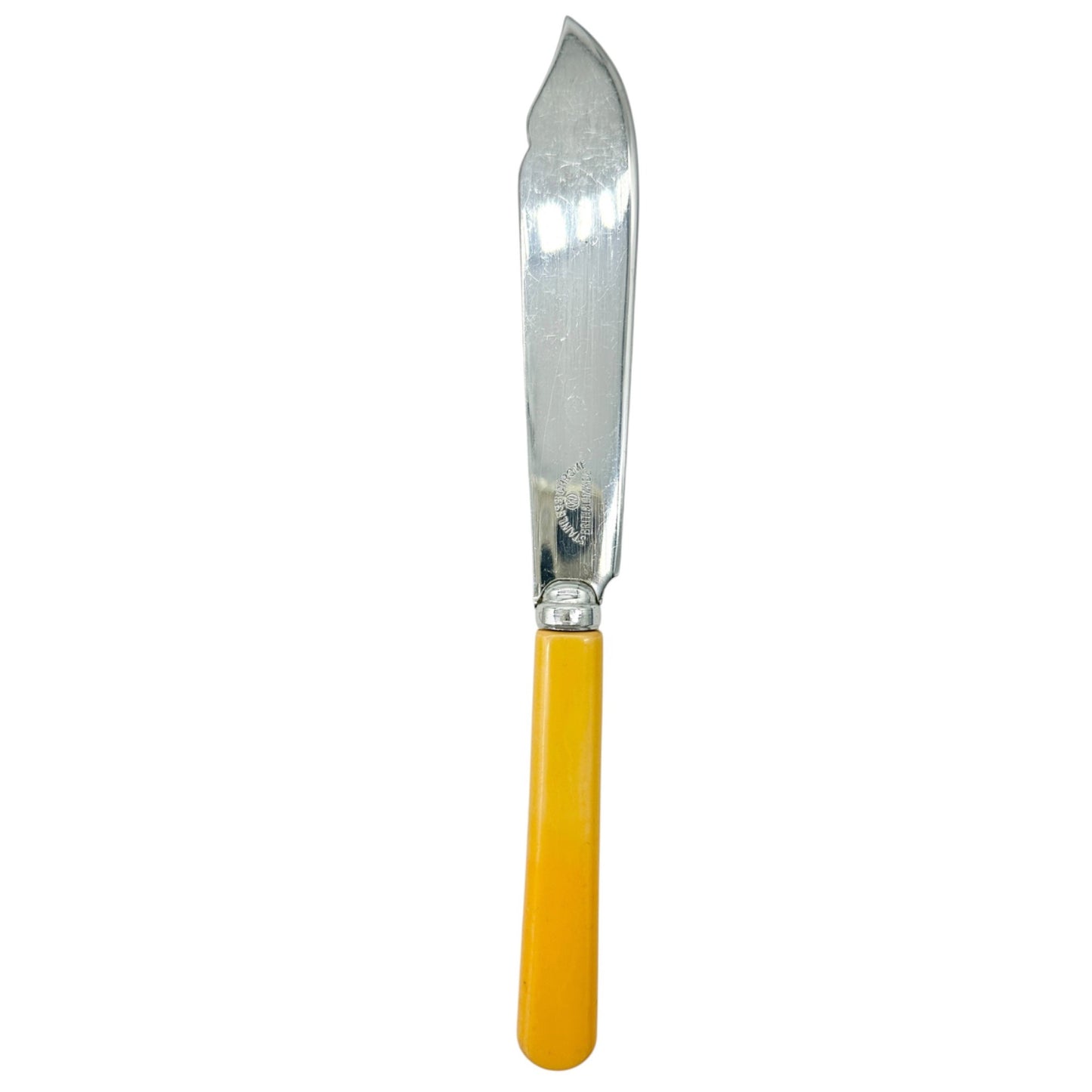 Vtg British Made Stainless Chrome Cutlery Set Yellow Handles 6 Knives 6 Forks