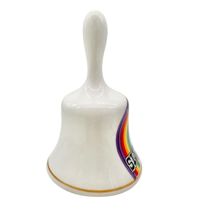 Six Flags Over Georgia Souvenir Bell White With Rainbow Design Ceramic 3.5"H