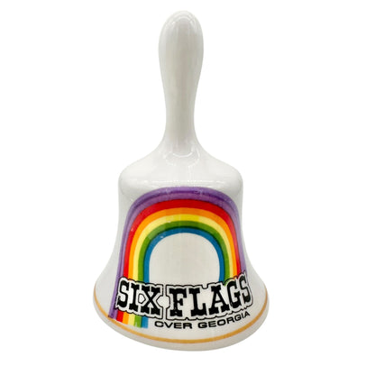 Six Flags Over Georgia Souvenir Bell White With Rainbow Design Ceramic 3.5"H
