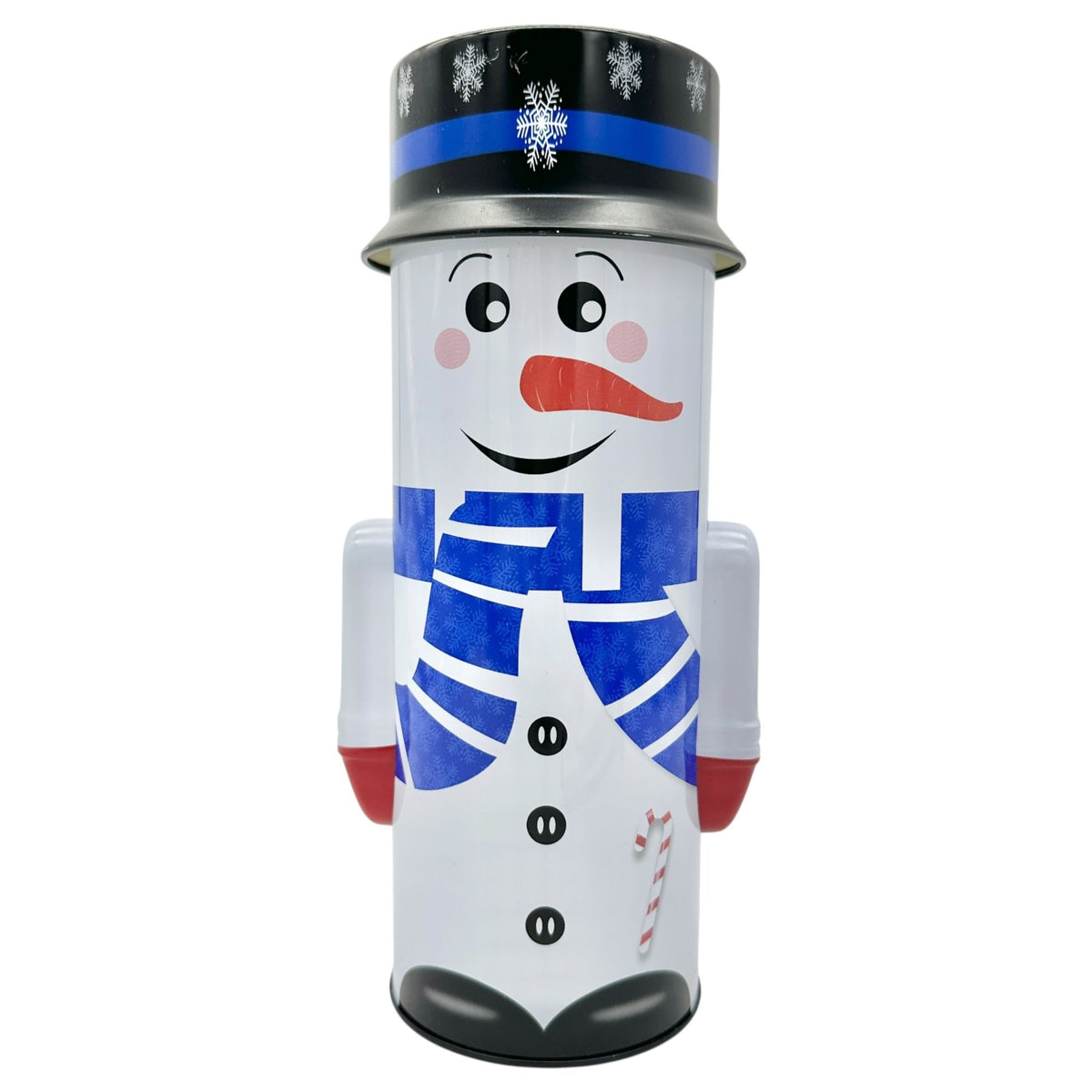 Holiday Style Snowman Tall Tin For Wrapped Food Storage 9 Inches White & Blue Design