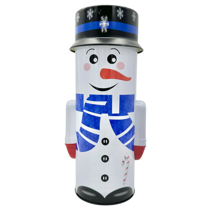 Holiday Style Snowman Tall Tin For Wrapped Food Storage 9 Inches White & Blue Design