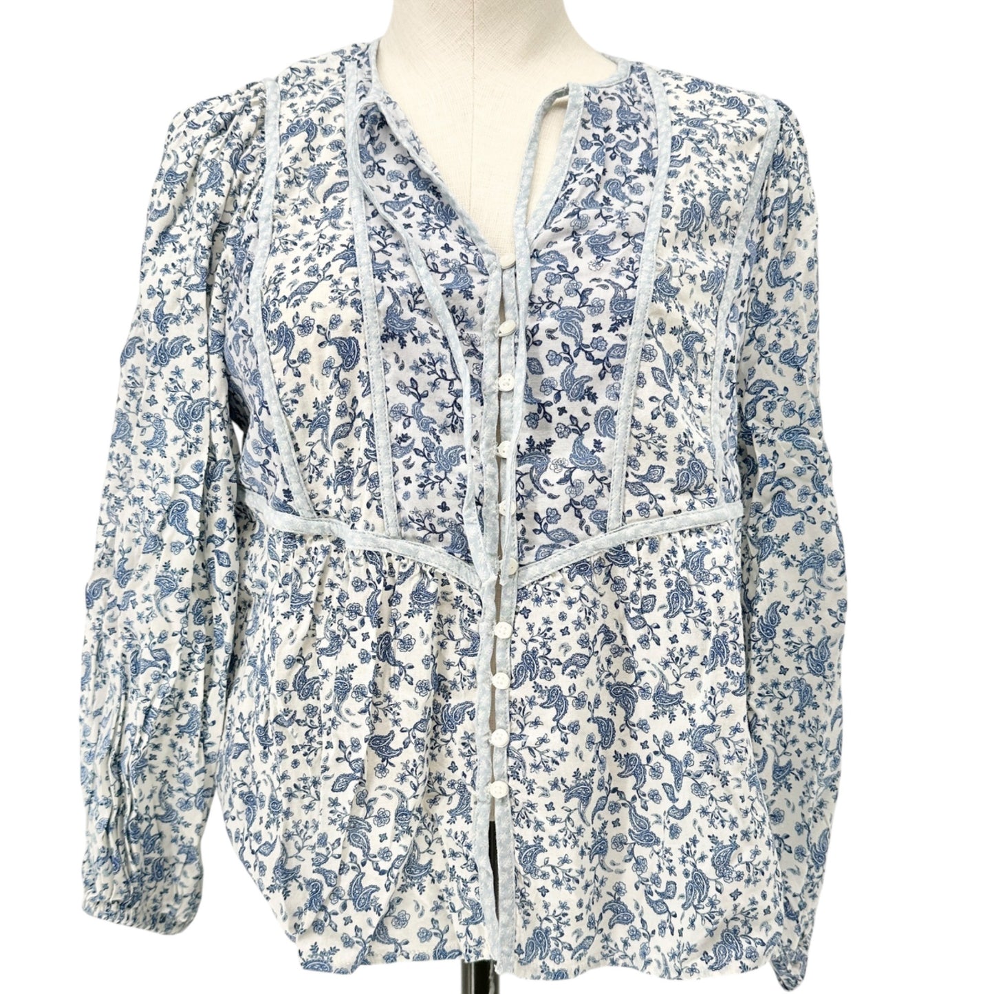 Old Navy Peasant Button-up Blouse Womens S Petite Blue White Floral Rayon Cotton