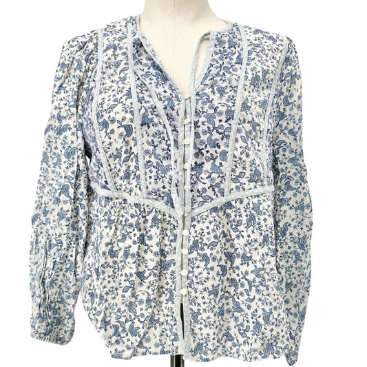 Old Navy Peasant Button-up Blouse Womens S Petite Blue White Floral Rayon Cotton