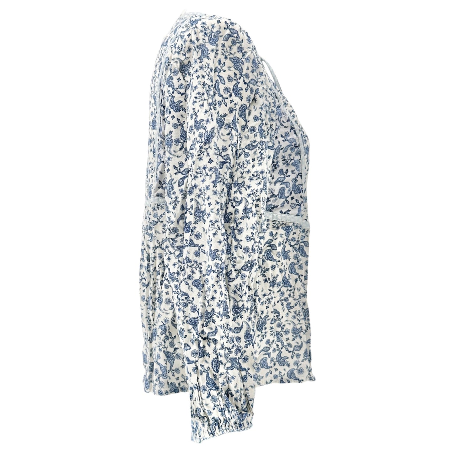 Old Navy Peasant Button-up Blouse Womens S Petite Blue White Floral Rayon Cotton