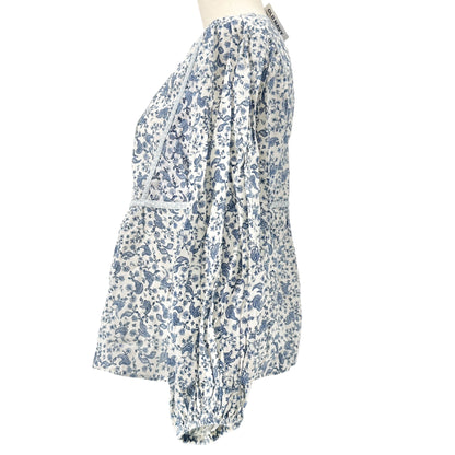 Old Navy Peasant Button-up Blouse Womens S Petite Blue White Floral Rayon Cotton