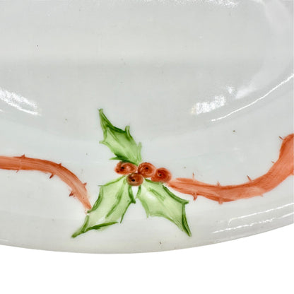 Holiday Trinket Dish White Hand Painted Holly and Ribbon Design 6" x 3.5"