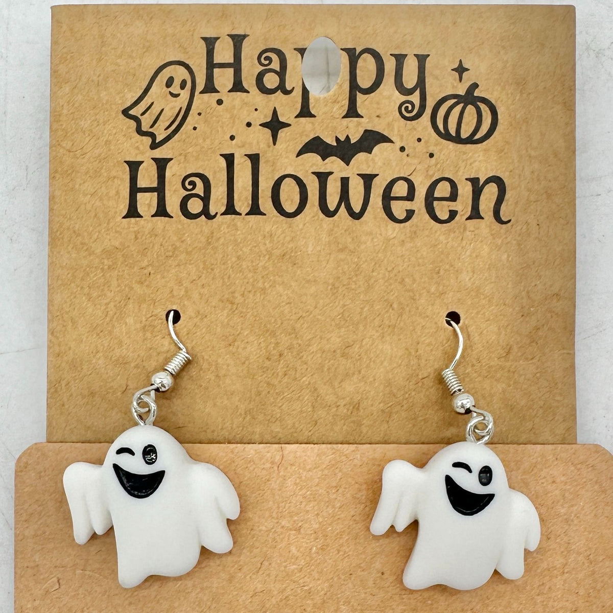Halloween Dangle Earrings White Winking Ghosts Plastic Metal Fishhooks