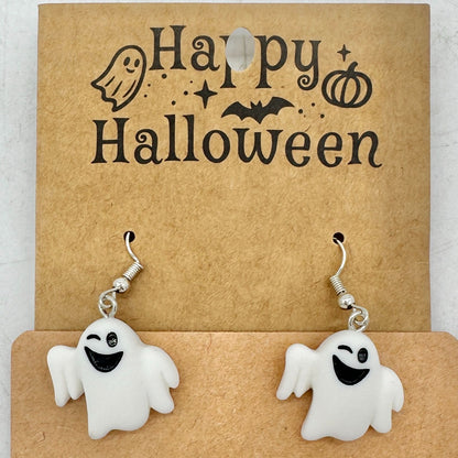 Halloween Dangle Earrings White Winking Ghosts Plastic Metal Fishhooks