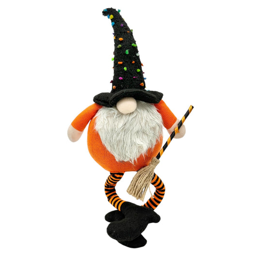 Halloween Gnome Witch Plush Decoration With Broom and Striped Legs Orange Black