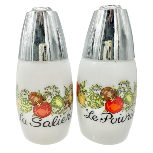 French Salt and Pepper Shakers La Saliere Le Poivrier White Glass Chrome Veggies