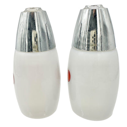 French Salt and Pepper Shakers La Saliere Le Poivrier White Glass Chrome Veggies