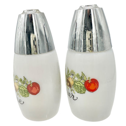 French Salt and Pepper Shakers La Saliere Le Poivrier White Glass Chrome Veggies