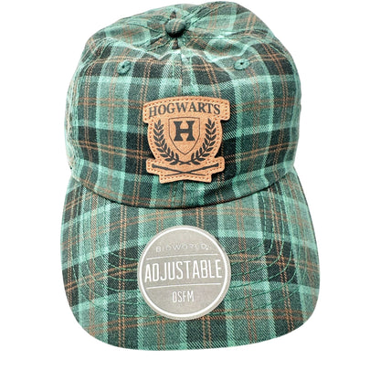 Harry Potter Hogwarts Baseball Hat Cap Green Plaid Adjustable Leather Back OSFM