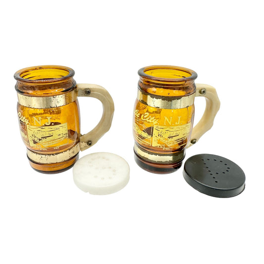 Vintage Atlantic City NJ Amber Glass Barrel Salt & Pepper Shakers With Gold Trim