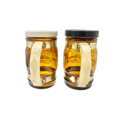 Vintage Atlantic City NJ Amber Glass Barrel Salt & Pepper Shakers With Gold Trim