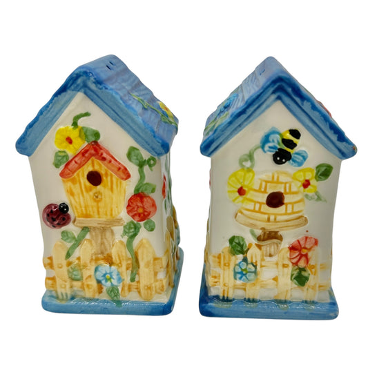 Hand-Painted Ceramic Birdhouse Salt and Pepper Shakers Set Floral and Bee Design