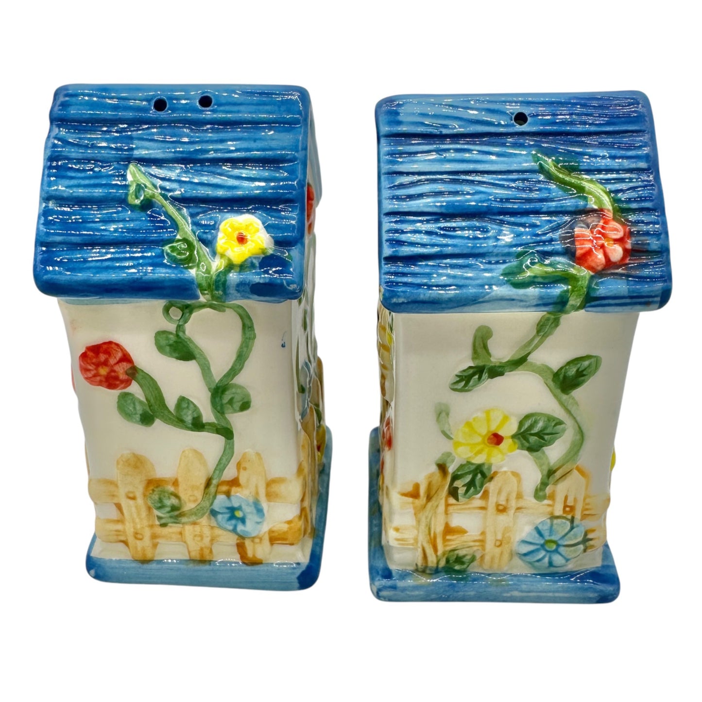 Hand-Painted Ceramic Birdhouse Salt and Pepper Shakers Set Floral and Bee Design