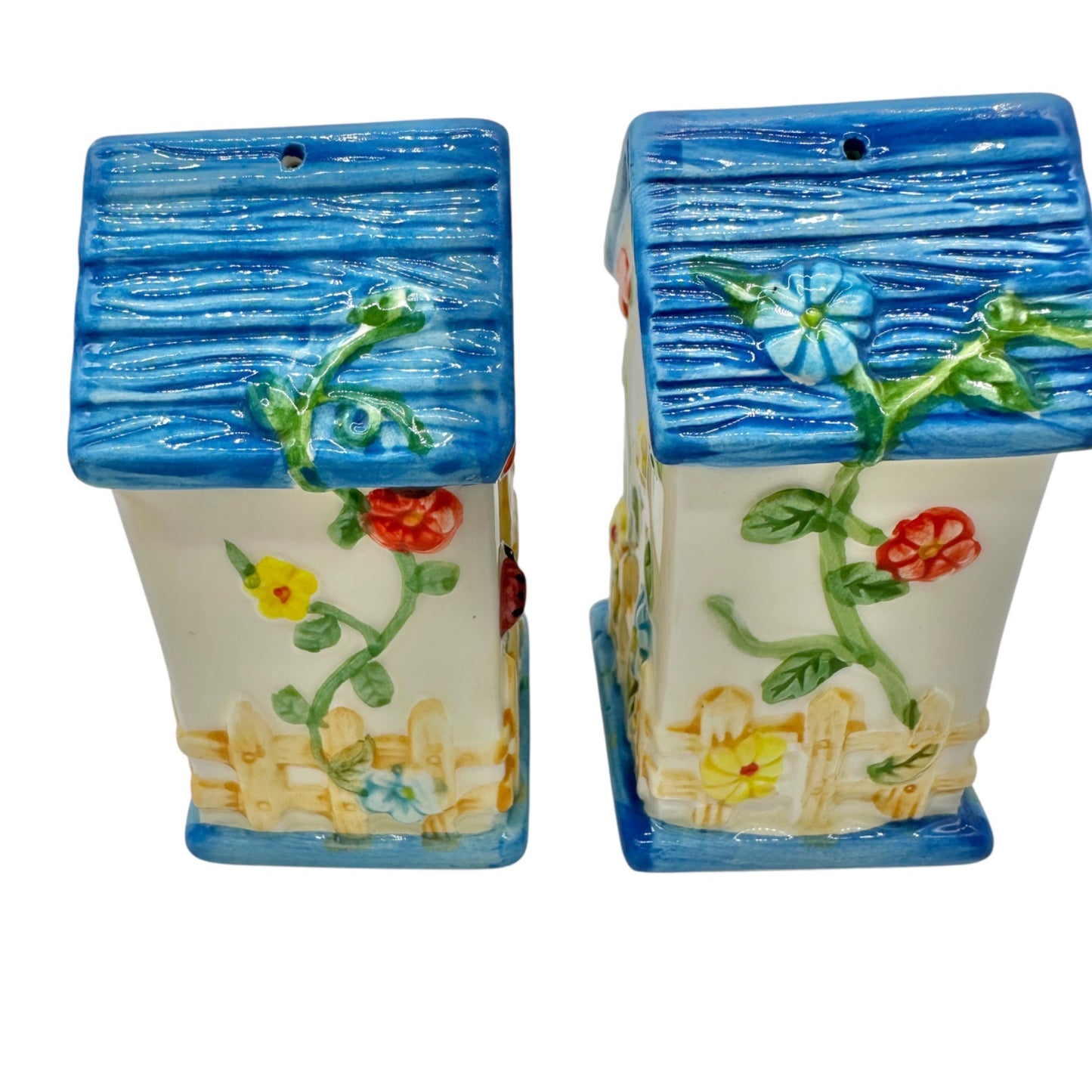 Hand-Painted Ceramic Birdhouse Salt and Pepper Shakers Set Floral and Bee Design
