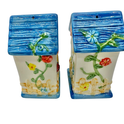 Hand-Painted Ceramic Birdhouse Salt and Pepper Shakers Set Floral and Bee Design